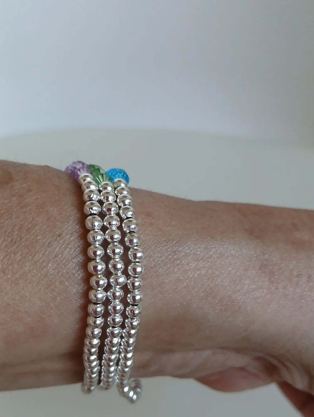 Set Of 3 Silver Filled Crystal Glass Beaded  Bracelets- Lavendar! Green & Blue